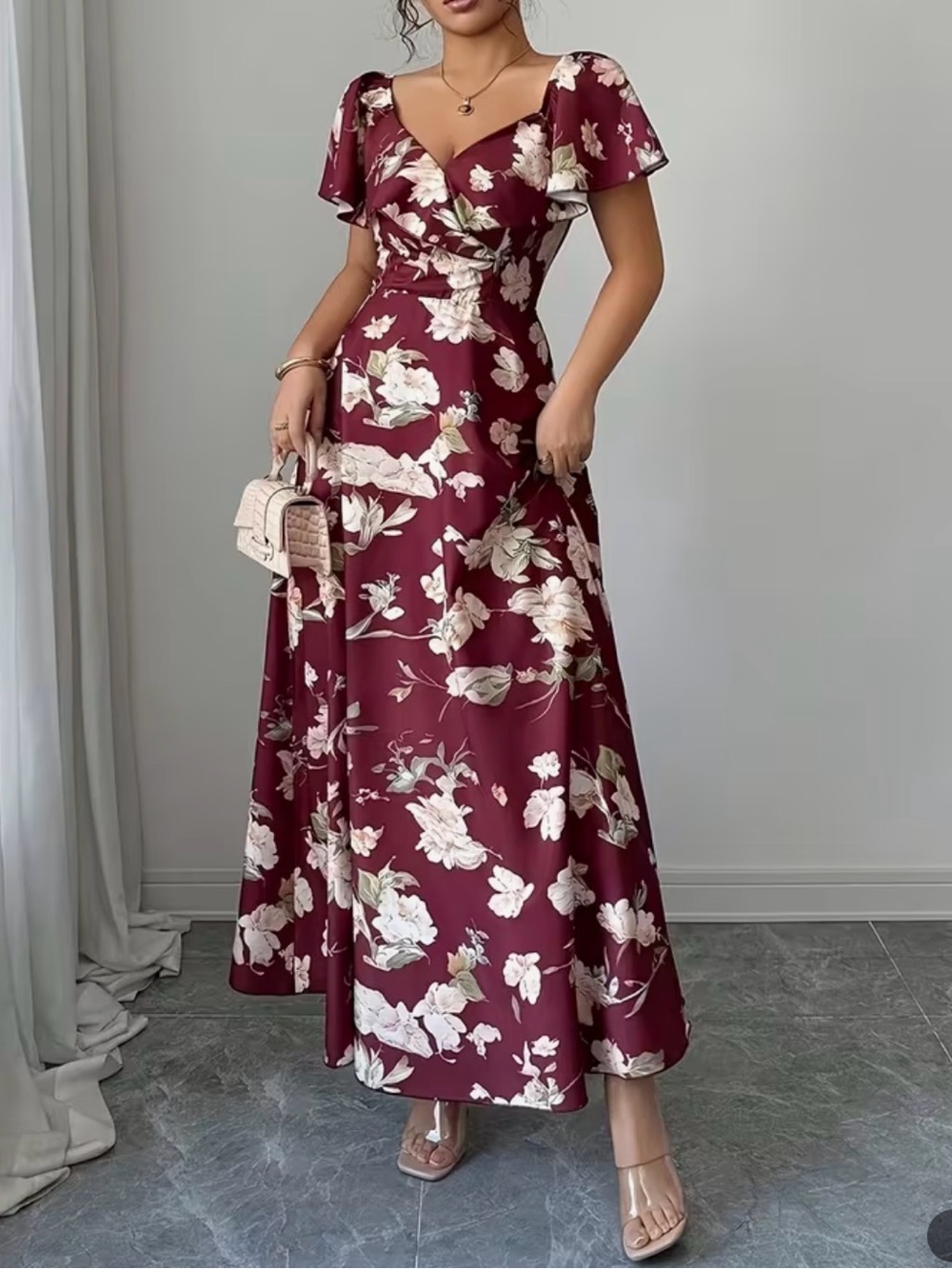 Floral Wrap Maxi Dress in Burgundy